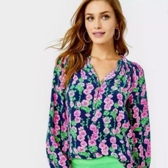 NWT Lilly Pulitzer Oyster Bay Navy Elsa Silk Top Size XL - Picture 1 of 5
